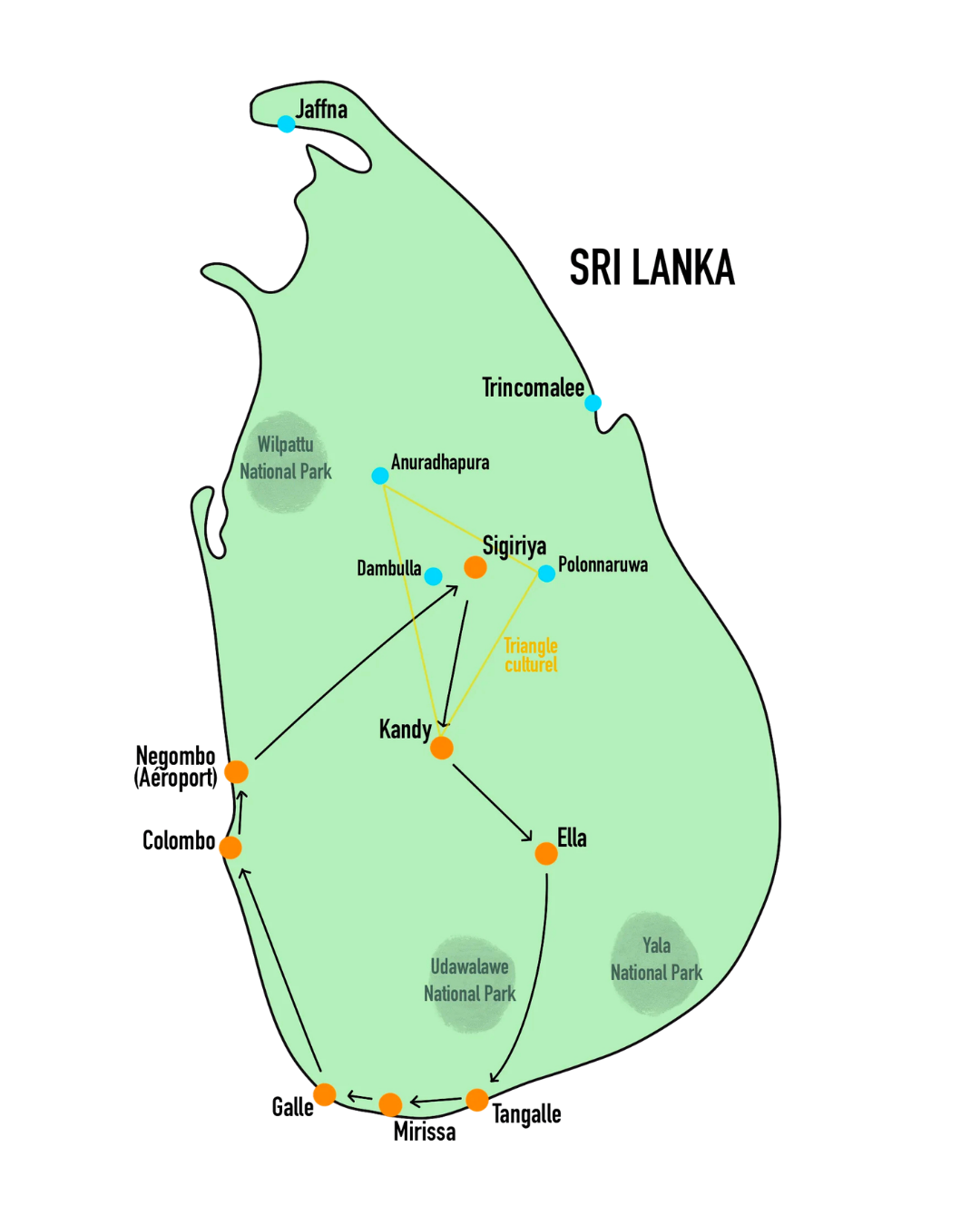 Carte itinéraire de voyage au Sri Lanka